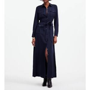 Madewell Utility Tie Waist Maxi Shirtdress Navy Belted Pockets Lyocell XXS NWT